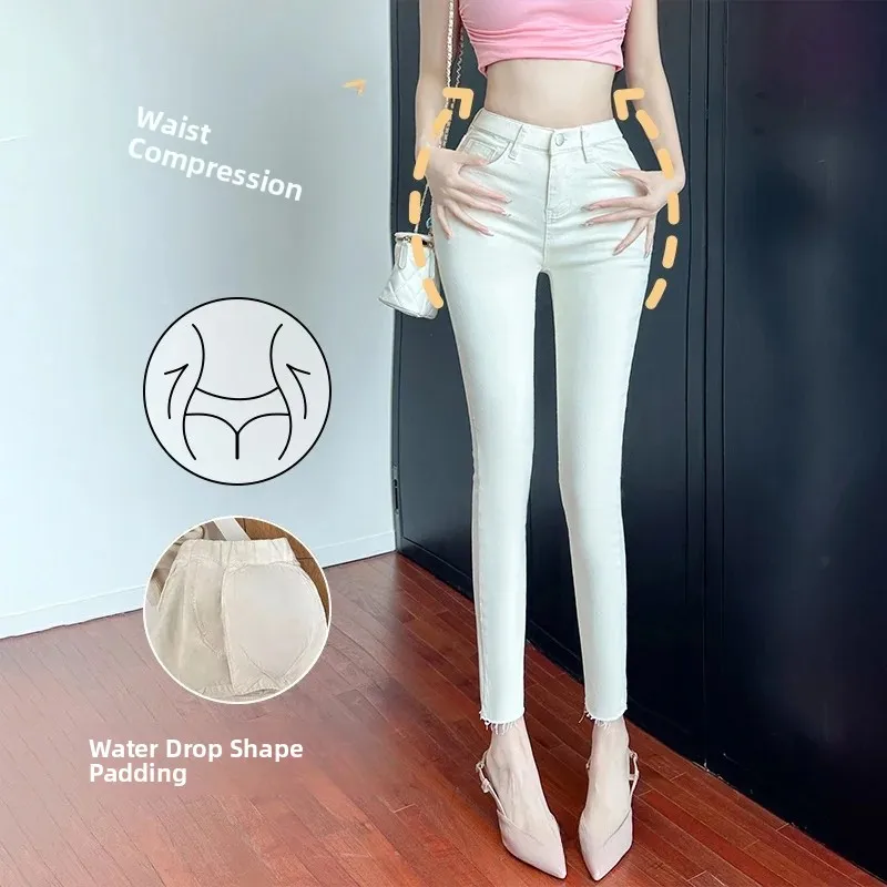 High Waist Lace  Knot Design Simple High Waist Nine Points Full Hip Pure Desire Denim Pants Women's Fashion Spring C...