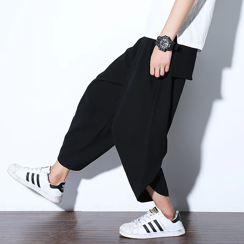 Japanese Style Linen Harem Pants Men Streetwear Causual Loose Vintage Handsome Shorts Harajuku Fashion Calf Length Nepal Tousers