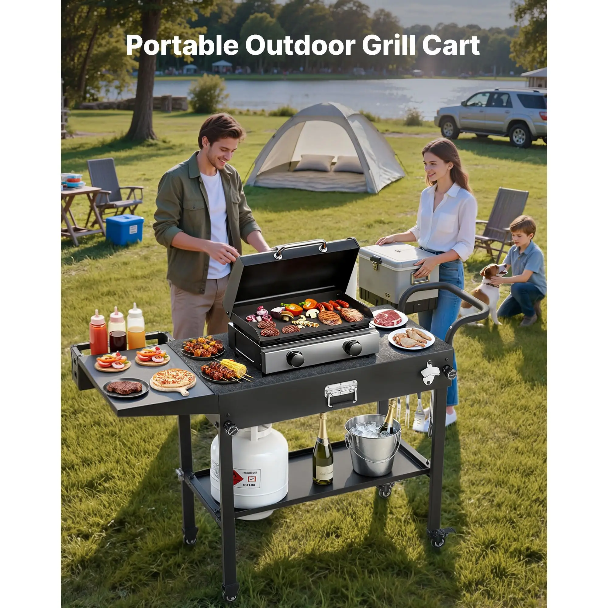 Outdoor Grill Cart, 31.0 X 17.0 Inch Tabletop Size Grilling Table, Foldable Outdoor Cooking Table with Tissue Holder, Hooks