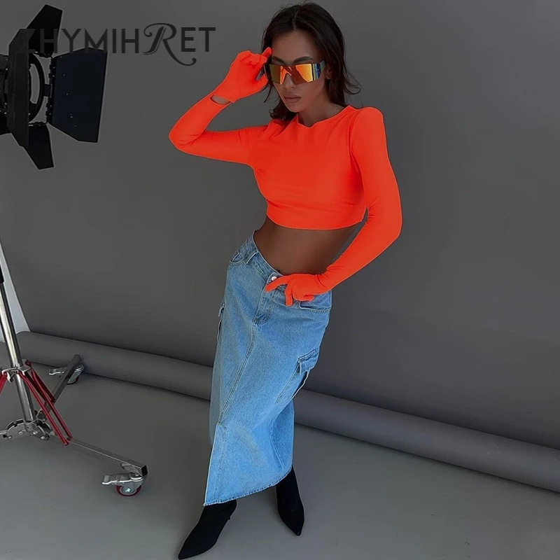 ZHYMIHRET Neon Color Long Gloved Sleeve Y2K Crop Tops 2024 springT Shirt For Women Clothing Kawaii Korean Fashion Streetwear