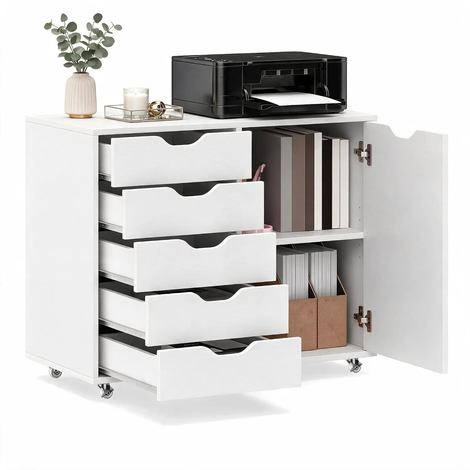 5-Drawer Rolling Lateral File Cabinet, Mobile Office Storage with Lockable Wheels, White, Customized