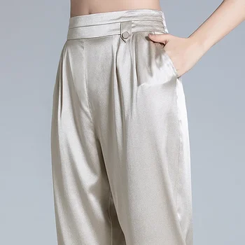 Calça harém feminina de cintura alta Mulberry, calça fina casual para senhoras, roupas de verão, nova, 95% seda real