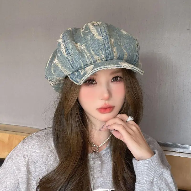 

Korean Style Women's Denim Beret - Vintage Washed Octagonal Cap, Spring/Autumn Casual Hole Dressed Cloud Hat Female Trendy Retro