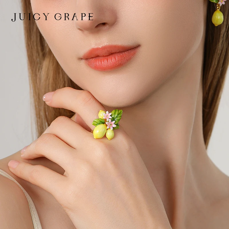 

Позолоченное регулируемое кольцо Juicy Grape с ручной росписью эмалью, в виде лимона и розового цветка, для девочек-подростков, летнее пляжное украшение