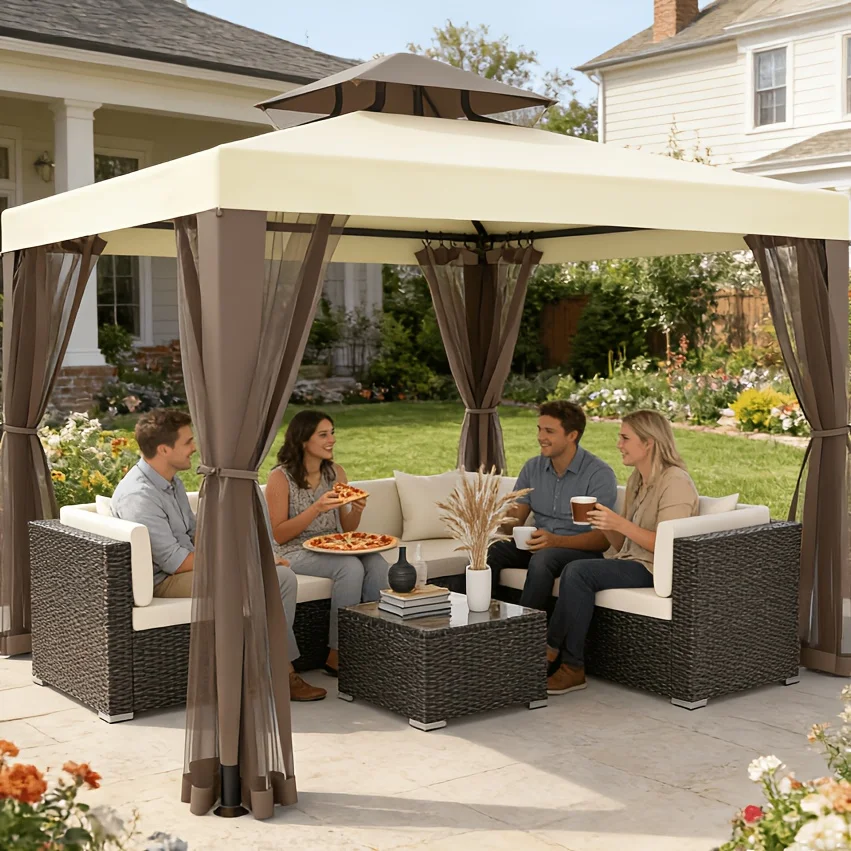 10'x10' Gazebo Tent With Mosquito Netting Quick Set Up, Outdoor Canopy, 100 Square Feet Of Shade For Patio, Garden, Backyard