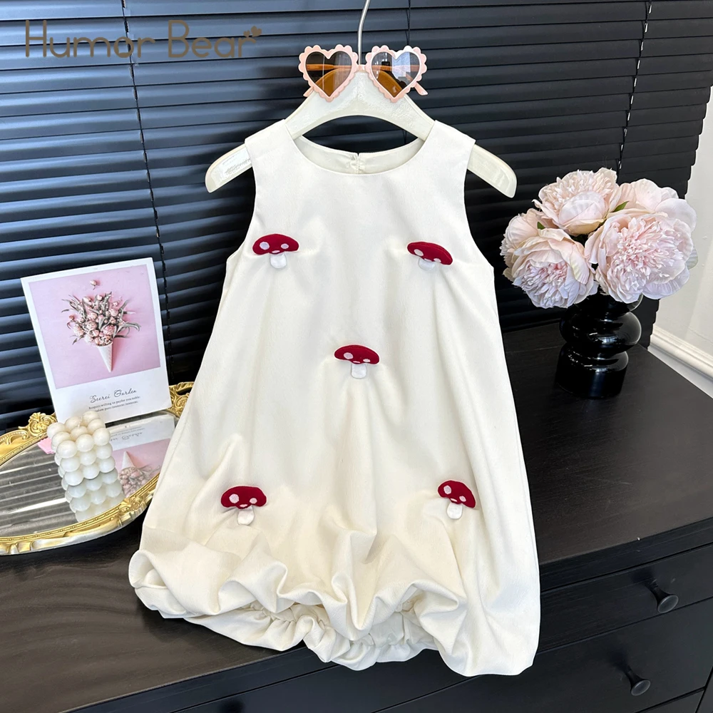 

Humor Bear Summer Girl's Dress Solid Color Mushroom Embellished Sleeveless Pod Dress Fashion Princess Dress Children Clothing