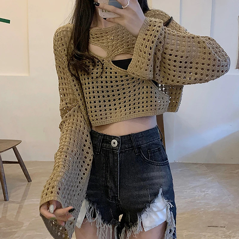 Knitted Crop Top Hollow Out Loose O Neck Long Sleeve Smock Top Women Retro Streetwear Fashion Tee Chic Knitwear