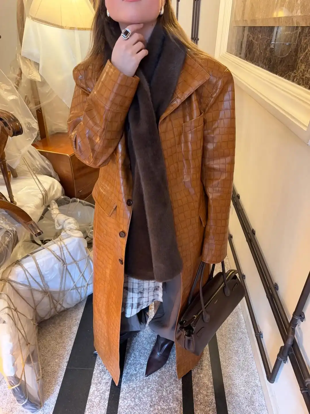 Solid Croc Embossed Faux Leather Long Trench Coat Lapel Single Breasted Straight Long Front Pockets Women Vintage Autumn Winter