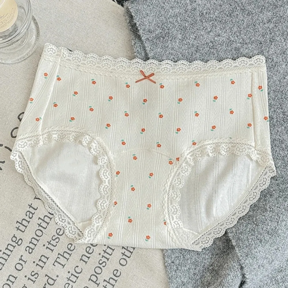 Fashion Bow Floral Cotton Panties Stripe Polka Dot Underwear for Women Mid Waist Lace Sweet Flower Briefs Spring Summer