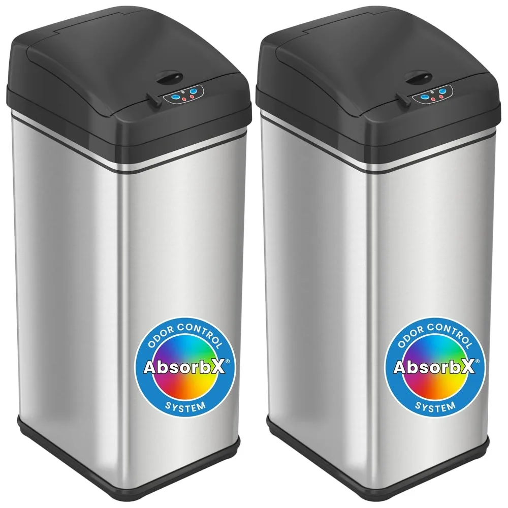 

13 Gallon Sensor Trash Can with Deodorizer (2-Pack), Stainless Steel, Big Lid Opening (Base Version - No AC Adapter)