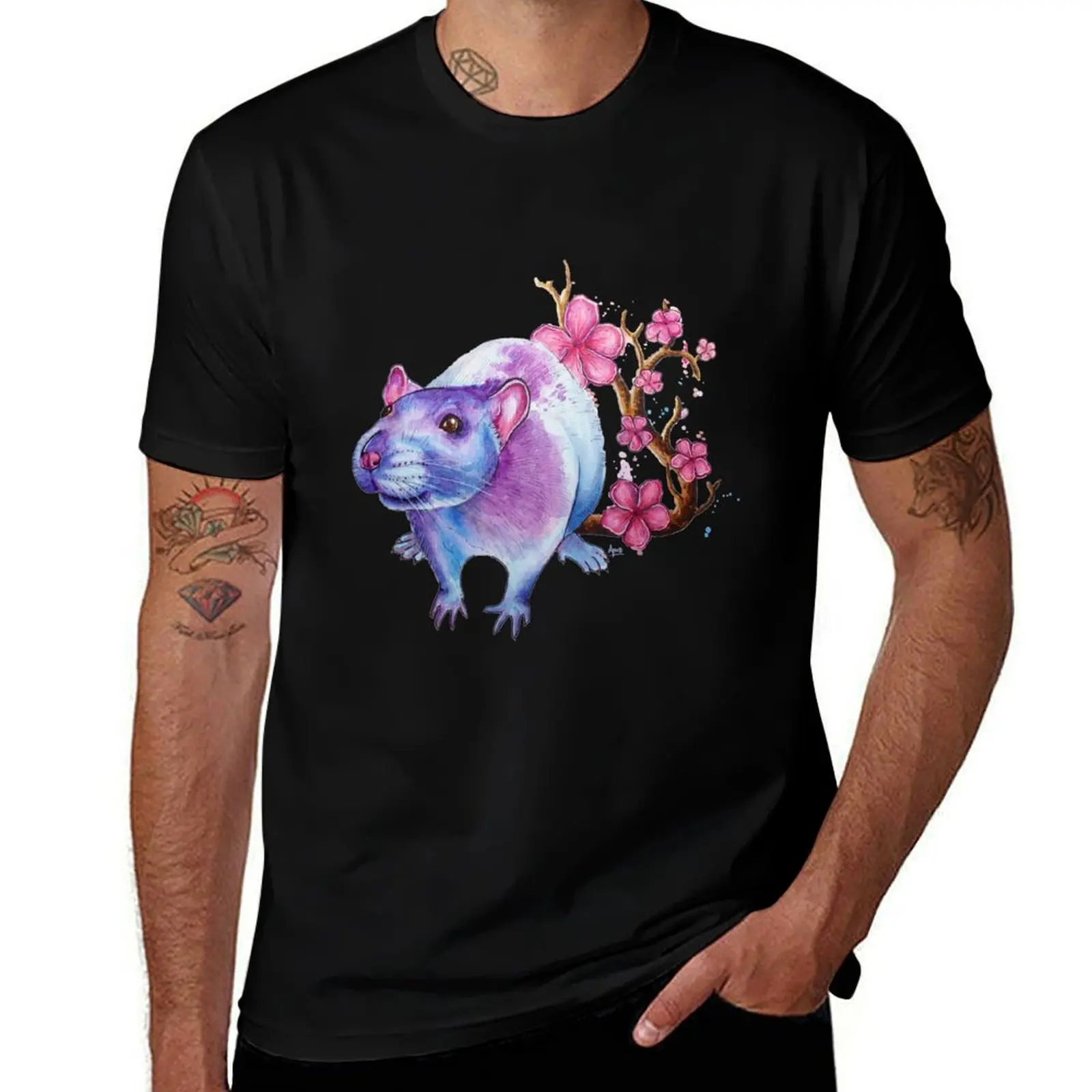Blossom Rat' - Watercolor Artwork T-Shirt Holiday Casual Short Sleeve Top T-Shirt