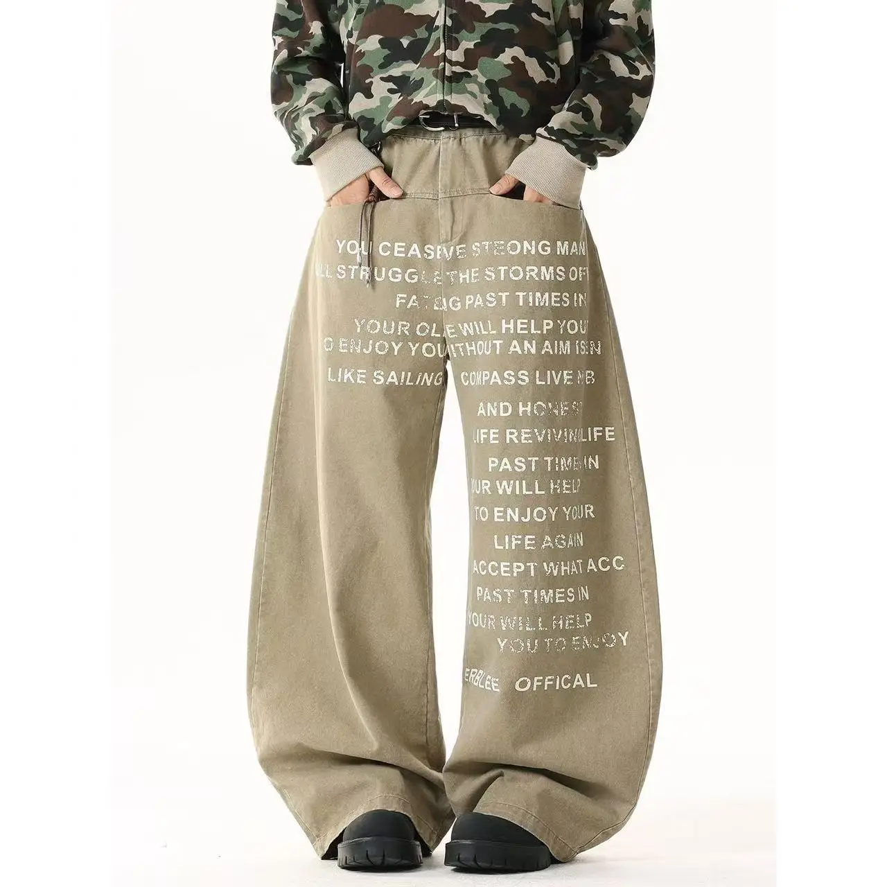

Retro Waed Loose Fit Printed Letter Knife Jeans Men's Straight Leg Wide Leg Pants American High Street Sle Long Trou...