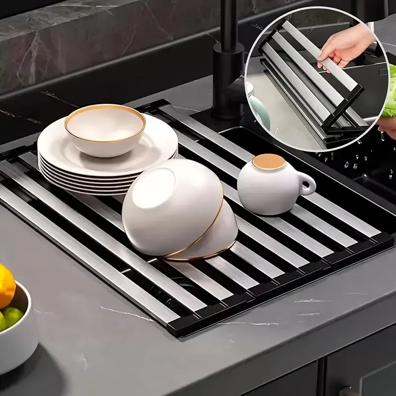 Foldable Kitchen Drain Rack, Metal & Silicone Dish Chopstick Storage Holder, Multifunctional Tableware Organizer
