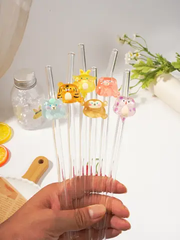 1/2/7PCS Animal Decor Curved Glass Straw, Great for Drinks, Gatherings and Holiday Gifting