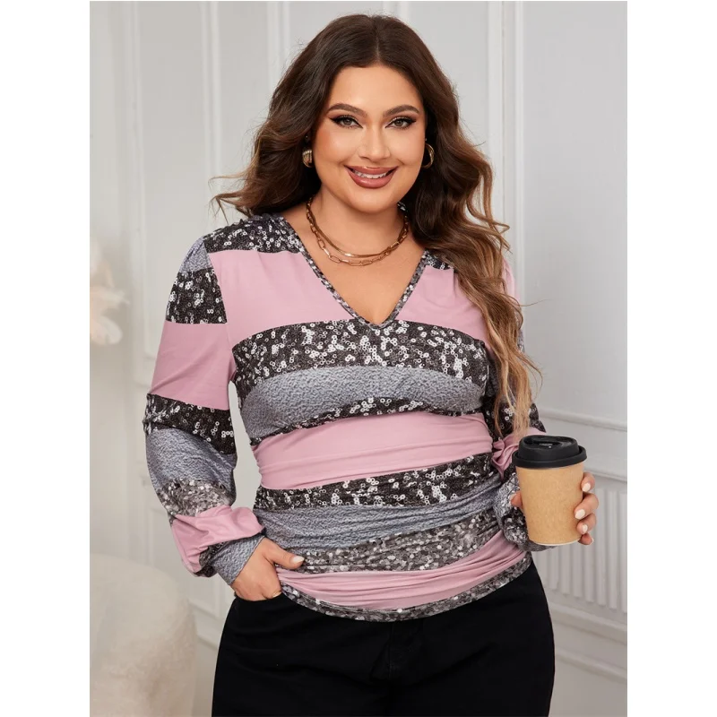 

XL4XL Women's Glitter V-Ne irt Casual Ladies Tops Large Size Faion Polyester Long Sve Thin Polyester Blouse