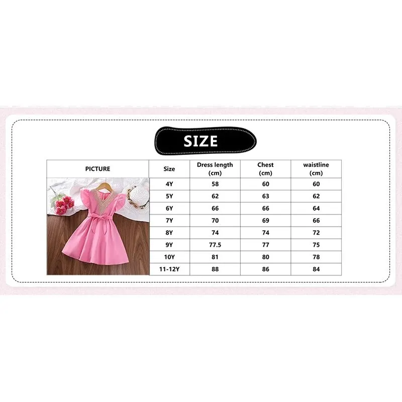 Kids For Girls 4-7 Years Solid Pink Belted Wing-Sleeve V-Neck Dress Sweet Style Summer Costume Baby Clothing