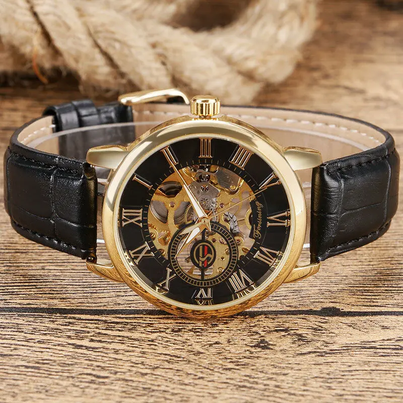 FORSINING Roman Numerals Leather Strap Hand Winding Mechanical Men Wrist Watch