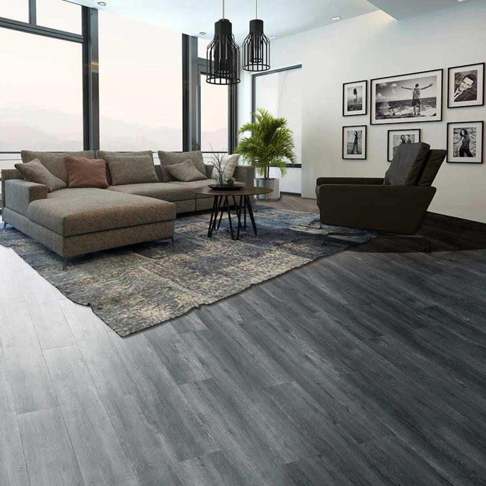 Haodirect 36 pieces dark grey rub-resistant waterproof PVC wood floor easy to peel and stick for living room home decoration