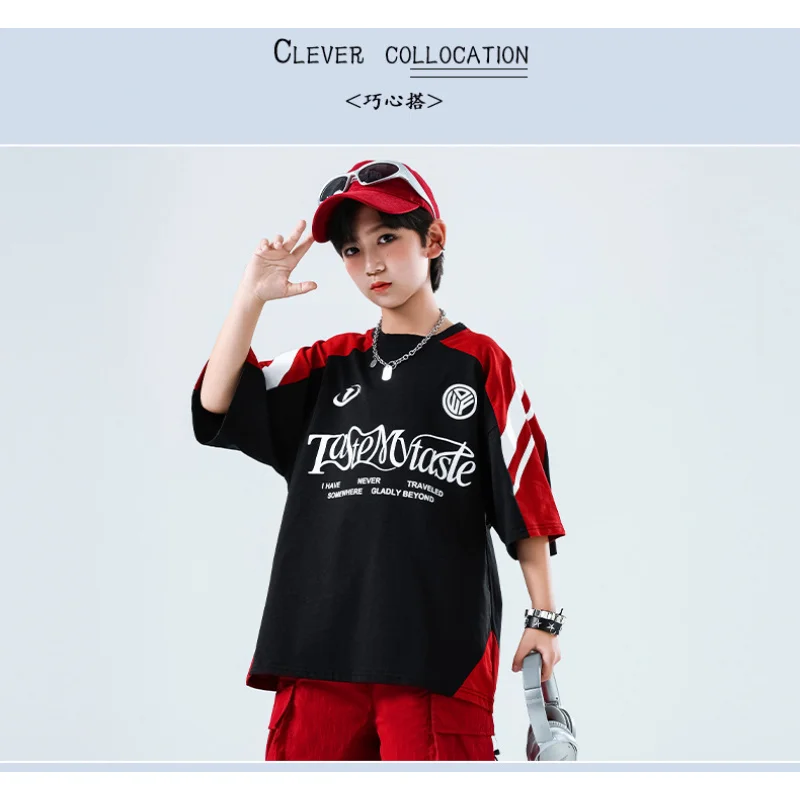 زي أداء رقص الهيب هوب للأطفال في الشارع، تي شيرت بأكمام قصيرة للأولاد، بدلة شورت أحمر للفتيات، عرض أزياء وسيم