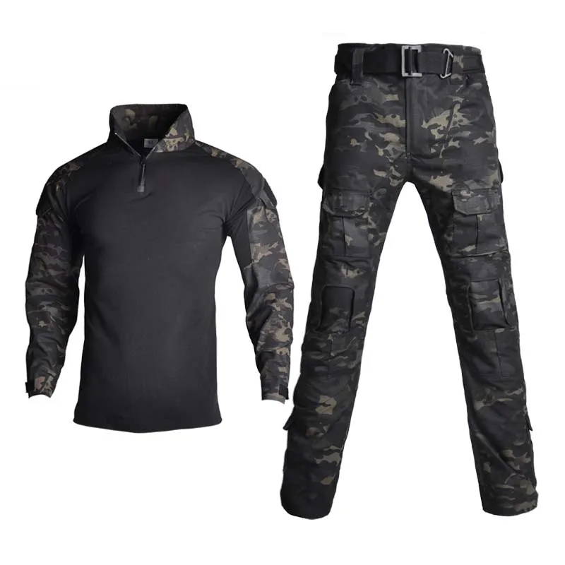 Men Multicam CP Black Tactical Combat Suit Set Military Frog Uniform Shirt Pants Knee Pads Gloves Hat Training