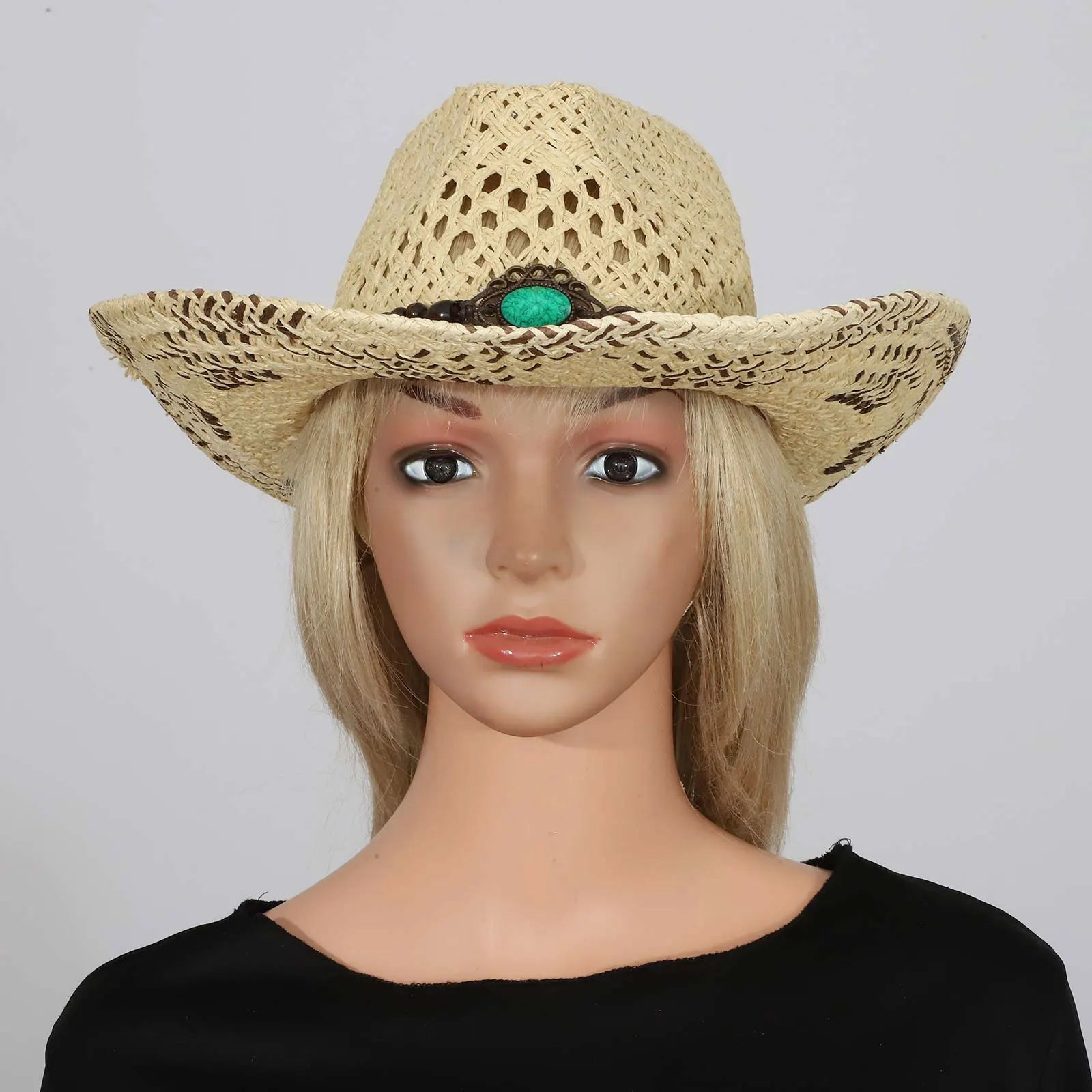 Hand-weave Straw Hat with Ethnic Style Belt Vintage Wide Brim Sun Hat Hollow Out Cowboy Hat for Women Men