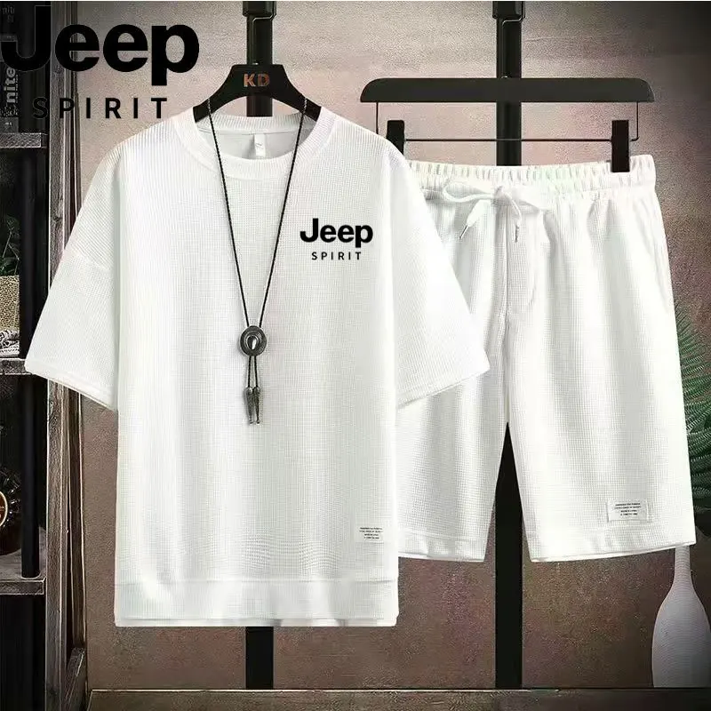 High-Quality JEEP Men's Outdoor Casual Set, Loose Versatile Two-Piece Outfit Including Sports Short-Sleeve T-Shirt and Shorts