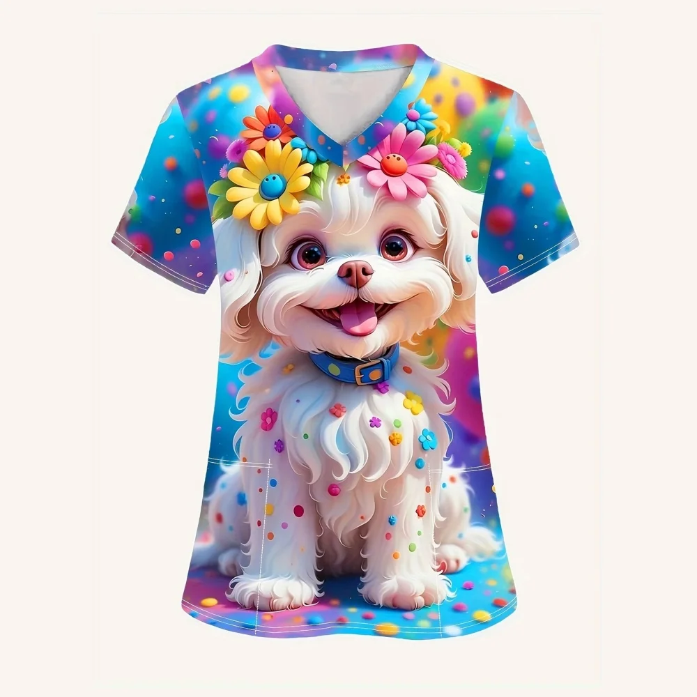 Uniformes chirurgicaux femme motif de chien mignon imprimé décontracté soins de santé vêtements médicaux été col en v à manches courtes uniforme d'infirmière femme