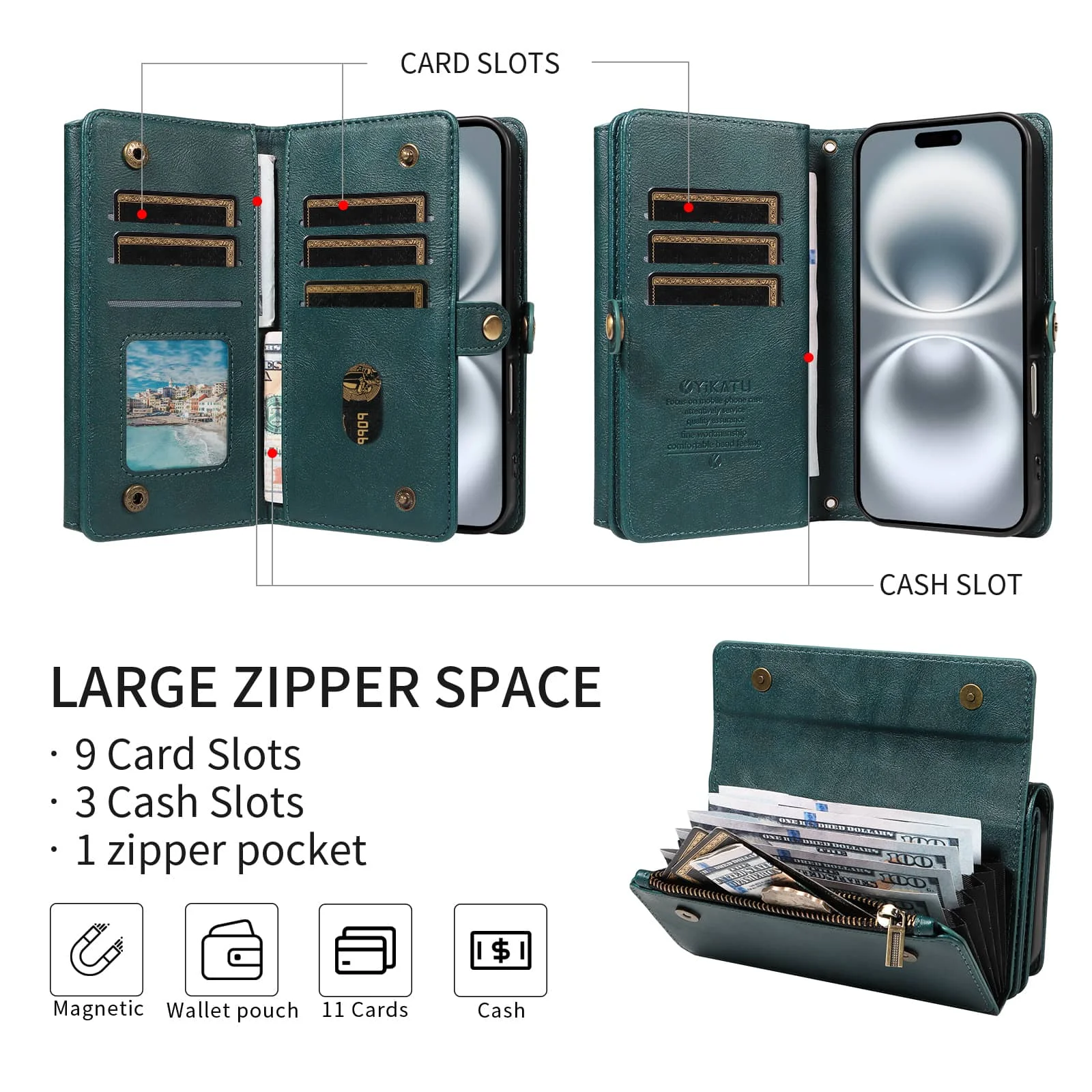 Etui Portfel na Samsung Galaxy A73 A56 A55 A54 A53 A36 A35 A34 A26 A25 A16 A15 z 10 Przegródkami na Karty, Miękkie Magnetyczne Zapięcie, Pasek na Ramię — zdjęcie produktu 2