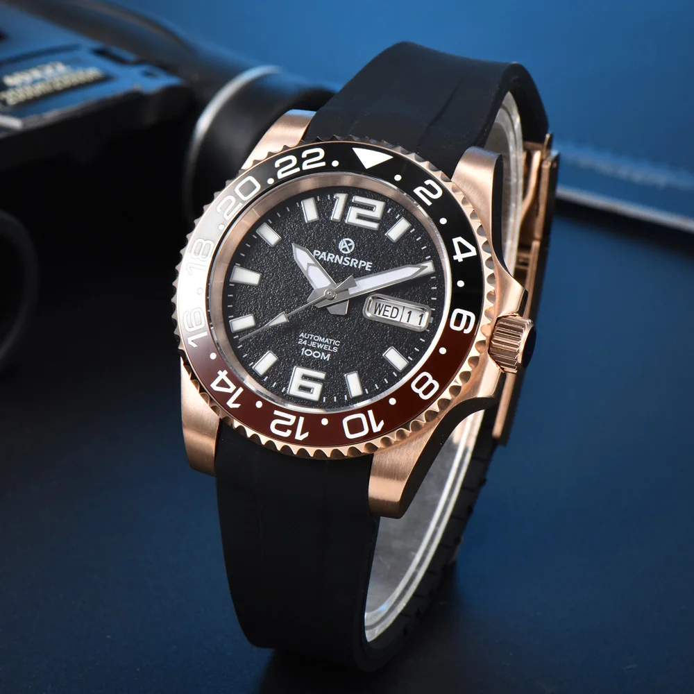 

NH36 GMT Automatic Watch Men Luxury Sport 40mm Rose Gold Day Date Rubber Strap Sapphire Crystal 100M Waterproof Mechanical Watch