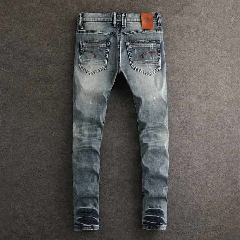 Street Designer Fashion Men Jeans Retro Washed Blue Stretch Slim Fit Painted Ripped Jeans Men Y2K Vintage Denim Pants Hombre