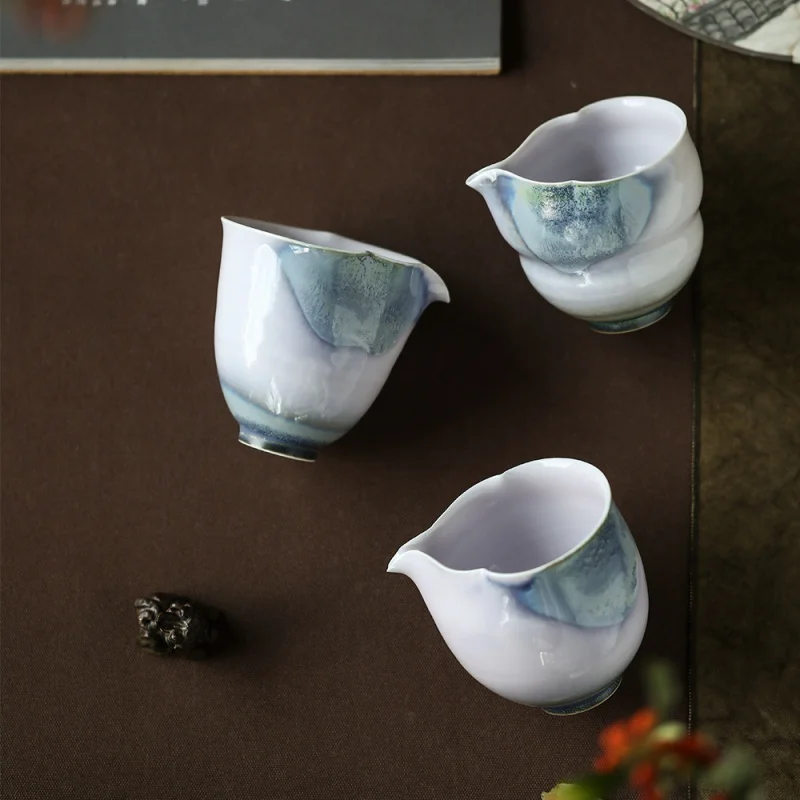 

★Mauve Jade JS Handmade Flower Mouth Pitcher Natural Kiln Baked Jingdezhen Ceramic Tea Serving Pot Fair Mug Tea Set