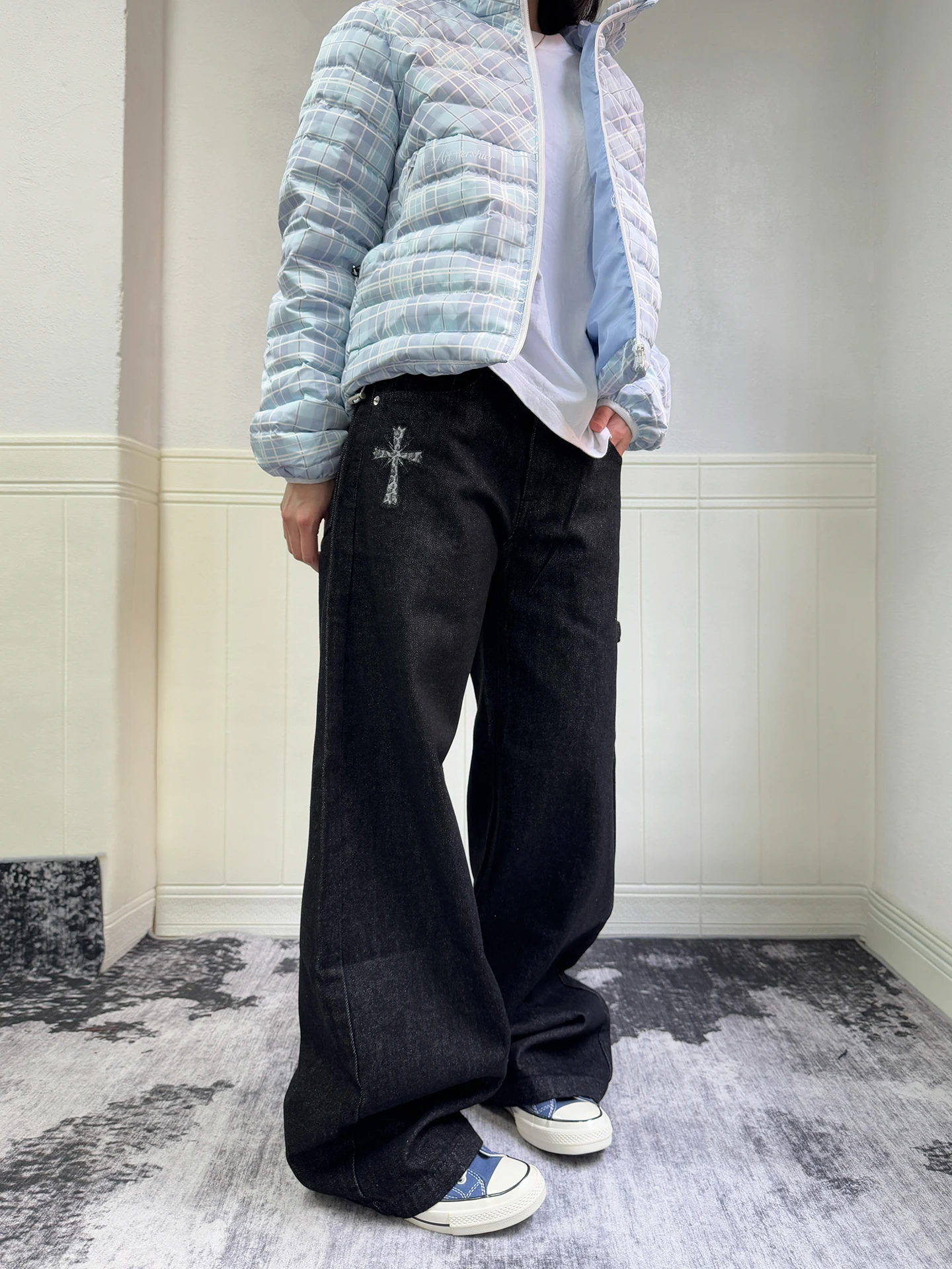 

Street Sle American Leopard Print Rivet Cross Denim Pants Vintage Original Color Loose Wide Leg Straight Cut Trousers