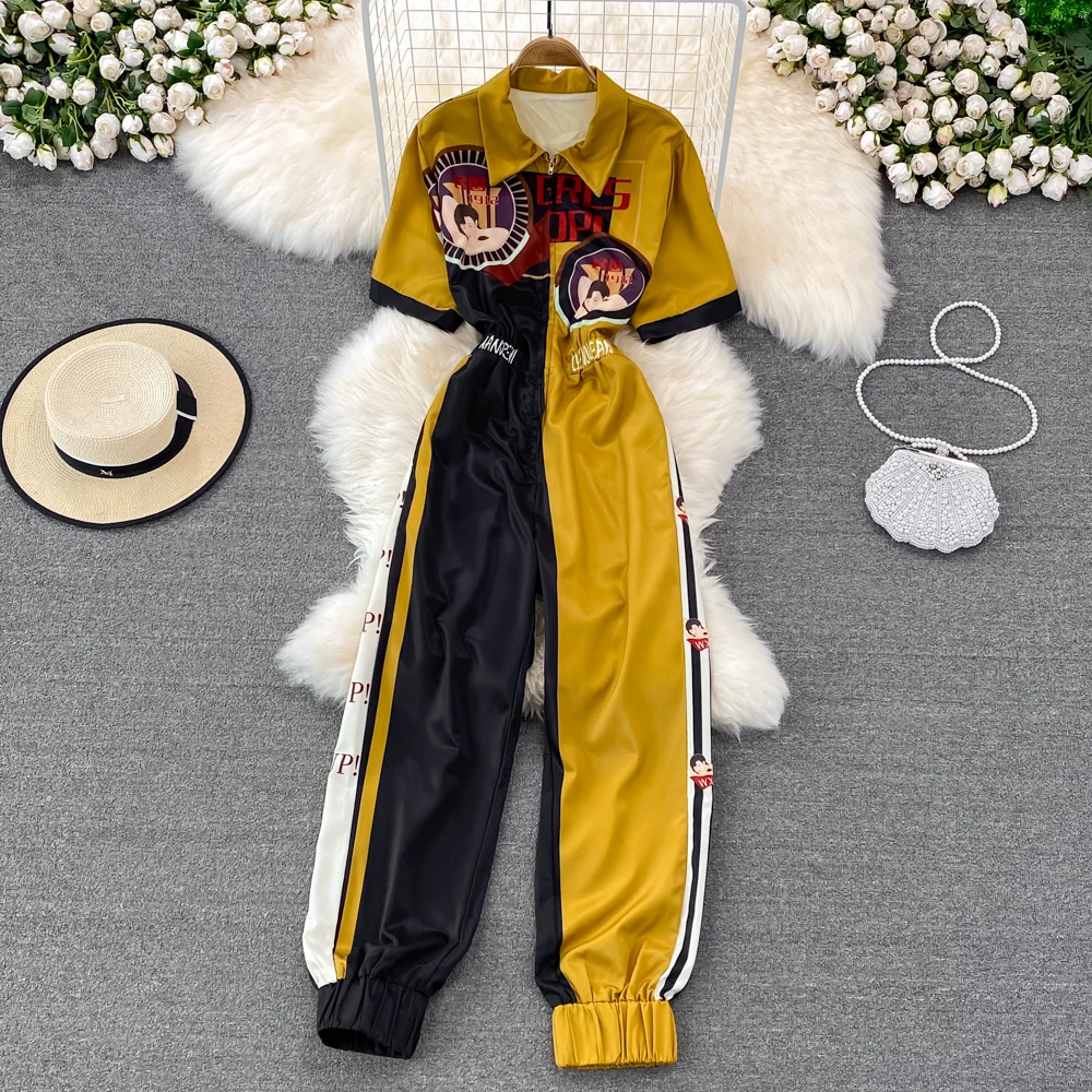 Retro Hong Kong Style High Waist Slim Fit Printed Workwear Jumpsuit Casual Individual Cuffed Pants Women's Overall Pants