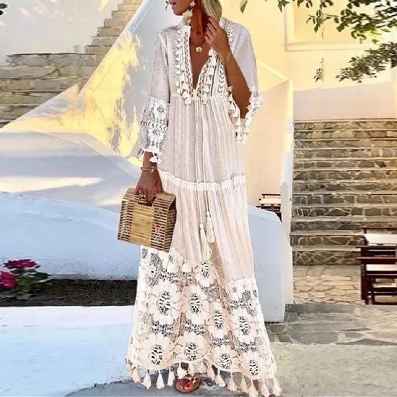 Abito da festa Solido Scava Fuori Scollo a V Abiti sexy in pizzo Stile bohemien Abito di grandi dimensioni Abiti Nappa Sexy Boho Abito lungo da donna