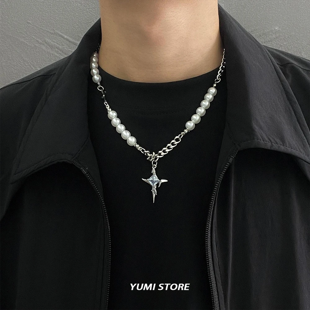 Trend Zircon Cross Pendant Necklace For Men Women Stainless Steel Imitation Pearl Chain Sweater Choker Kpop Hip Hop Jewelry Gift