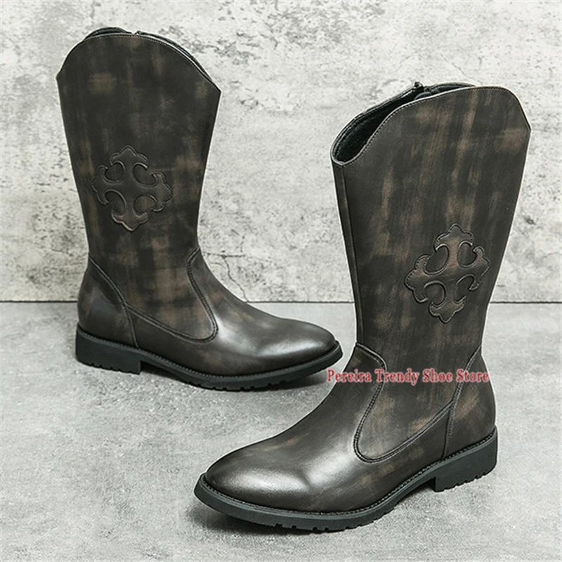 

Мужские ботинки для верховой езды в стиле ретро, осенне-зимние модные сапоги до середины икры с острым носком и боковой молнией, модные ковбойские сапоги в стиле вестерн на толстом каблуке