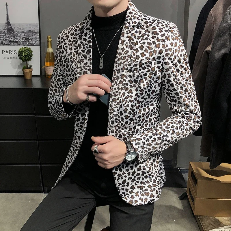 Fashion Boutique Velveteen Leopard Print Casual Jacket Men\'s Blazer  Male Slim Dress Stage Suit Coat