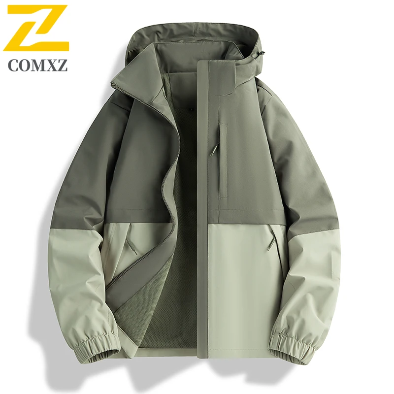 Outdoor Work Waterproof Jacket Mens Couple Outdoor Sports Hiking Splicing Pocket Windproof Windbreaker Autumn Casual Hooded Coat