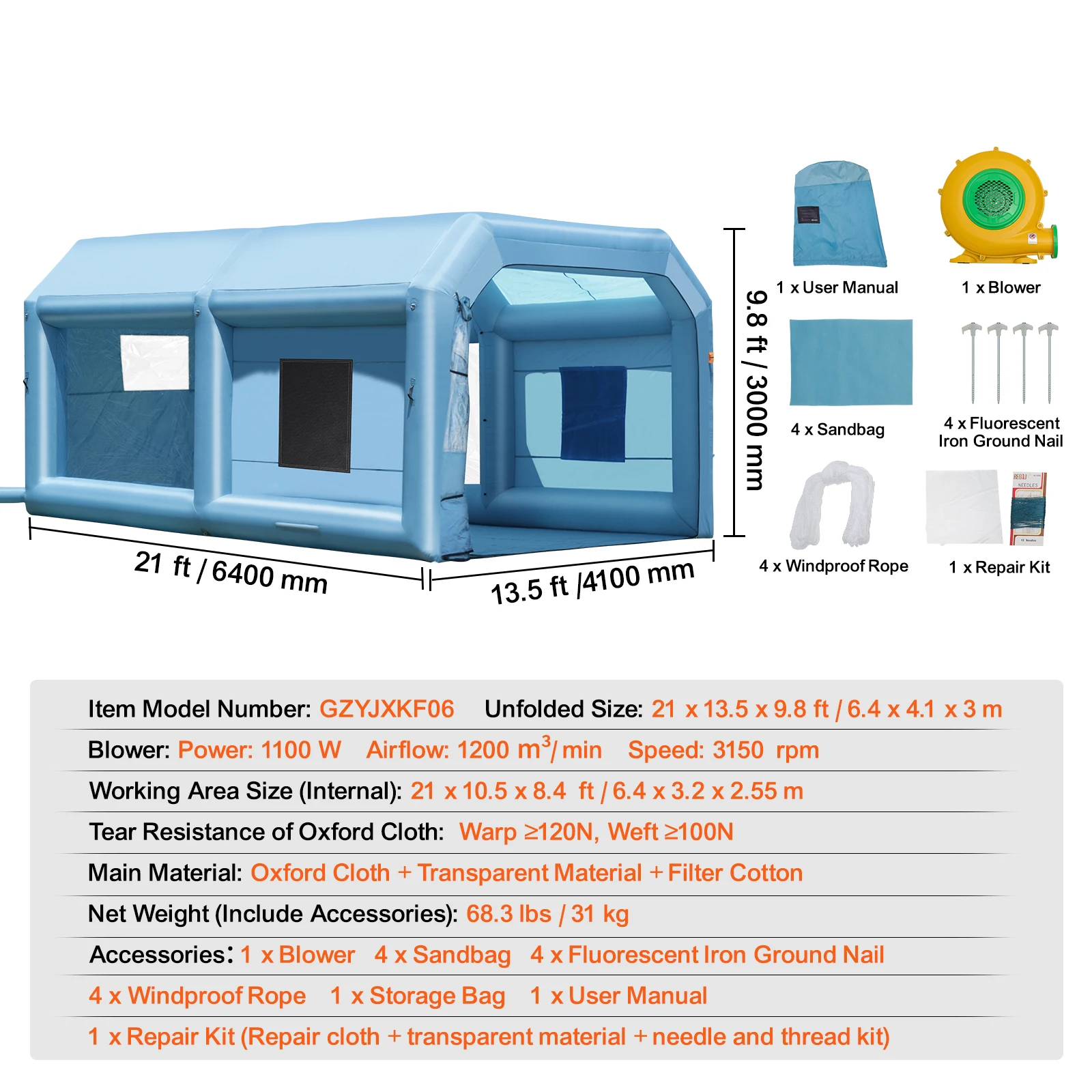 SucceBuy Opblaasbare Spuitcabine met Krachtige Blowers en Luchtfiltersysteem, Draagbare Autospuitcabine - afbeelding 1