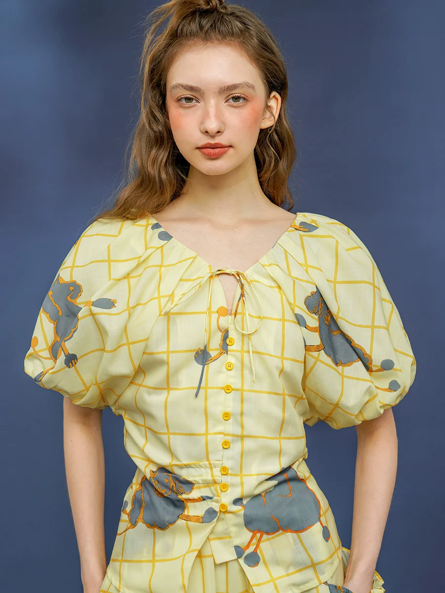 Spring Summer Original Design Women 1980s Vintage Vibes Slim Waist Lemon Yellow Sheep Print Puff Sleeves Shirts/Blouse