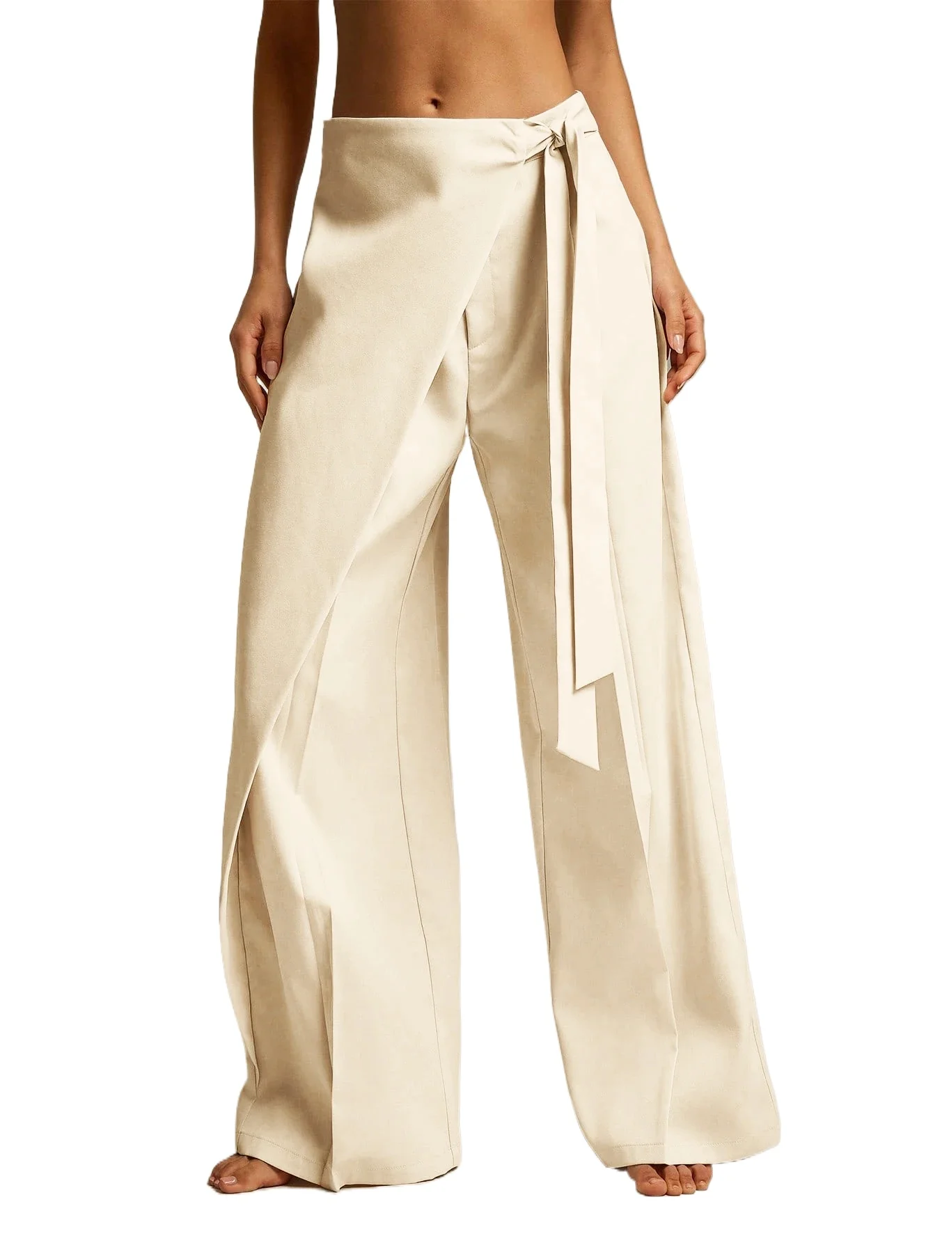 New Women Loose Wide Leg Pants High Waist Wrap Tie Asymmetric Pleated Trousers Beach Casual Spring Summer Apricot Bottoms