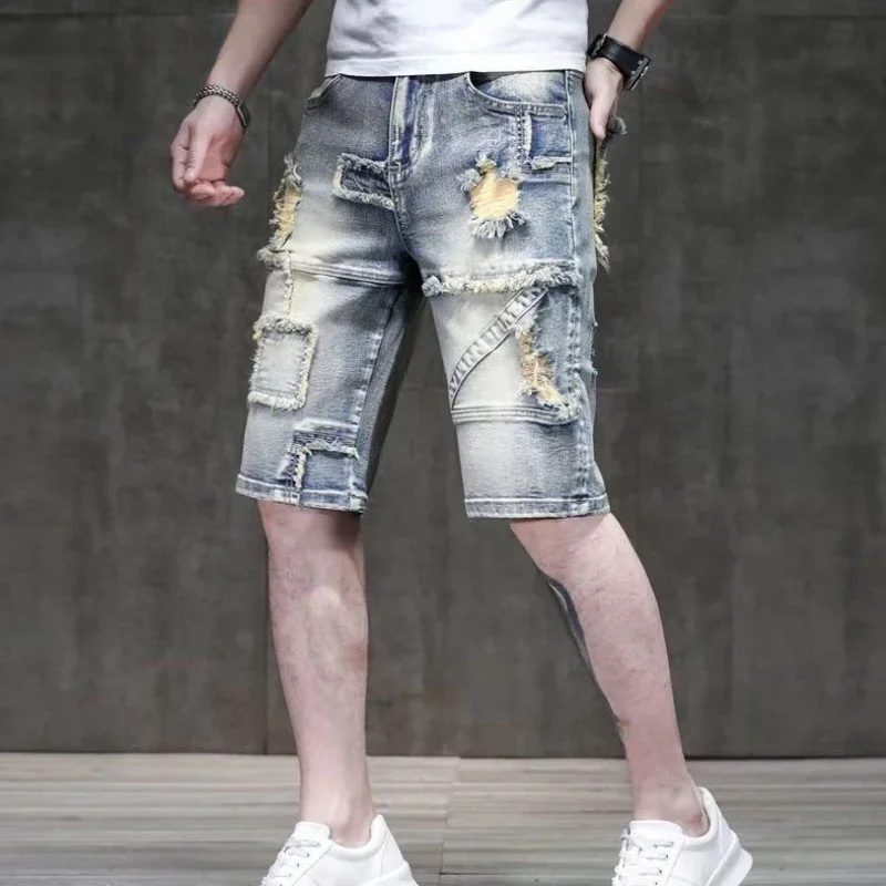 

Man Denim Shorts Ripped Patchwork Short Jeans Pants for Men with Comfortable Emo Trend 2024 Vintage Jorts Buttons Y2k Fashion