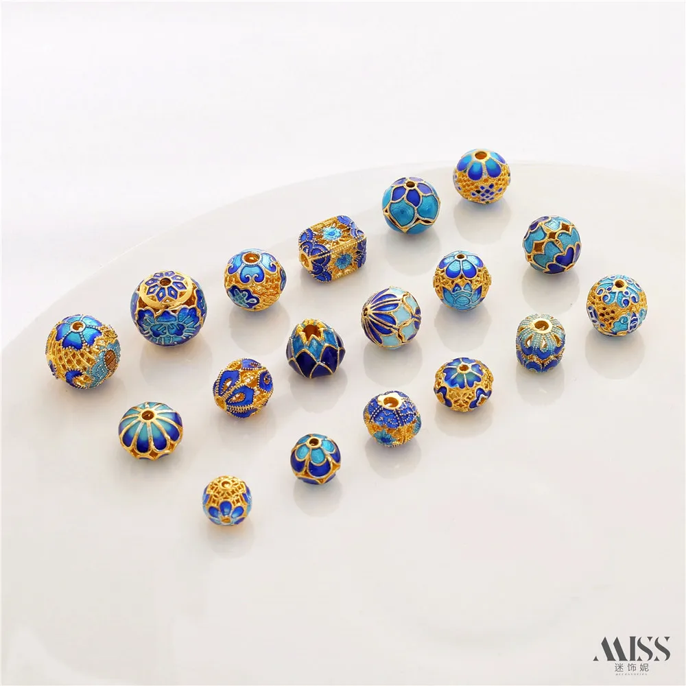 18K Matte Gold Cloisonne Burnt Blue Enamel Round Bead Diy Flower Ball Bracelet Blue Jewelry Accessories