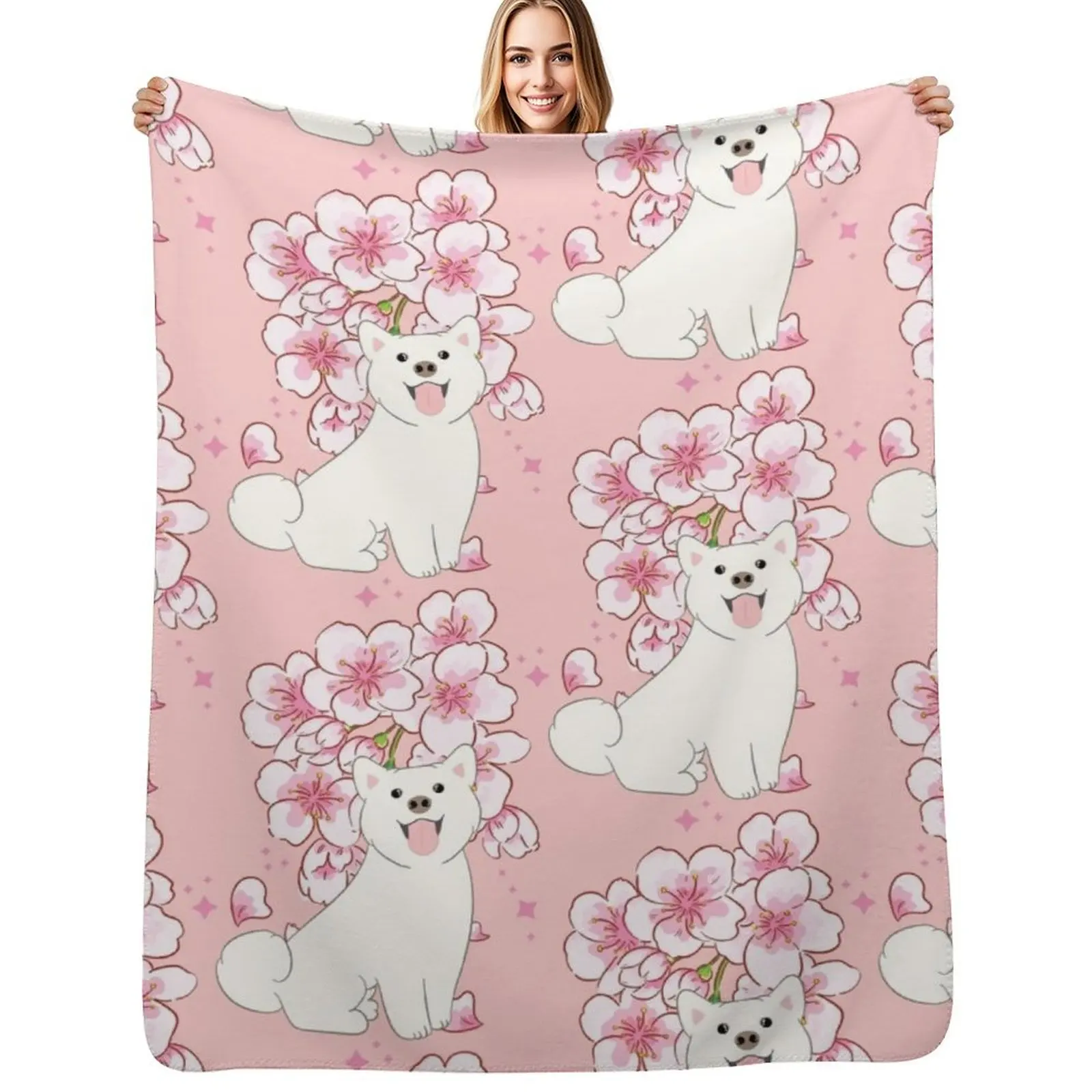 

Cream Shiba Inu Cherry blossom Throw Blanket Spring Fall Cozy Throw Blanket for Couch