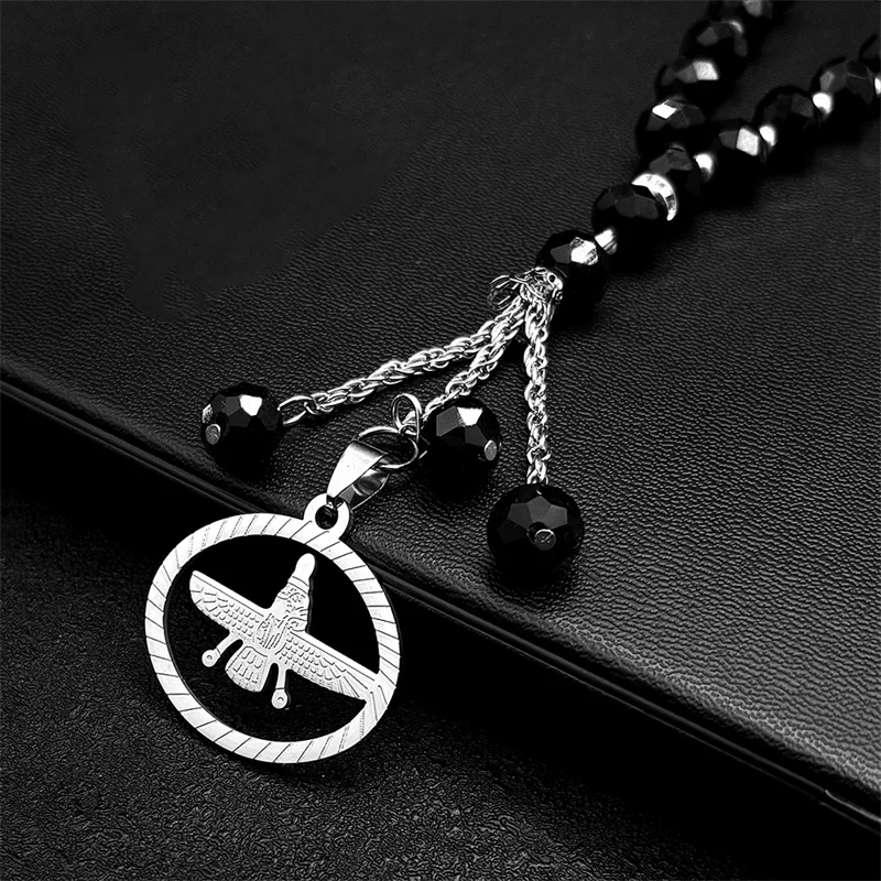 Aço inoxidável Cor Prata Zoroastrismo Carro Pingente para Homens e Mulheres, Jóias Cadeia de Vidro Preto, Árabe Cuture Mazda Religião