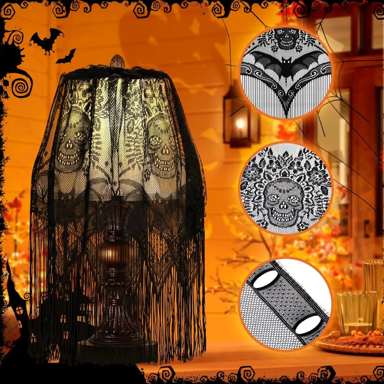 for halloween Decor Lamp Shade, Large Spider Web Lampshade, Black Lace Cover for Indoor And Outdoor Table Decorations
