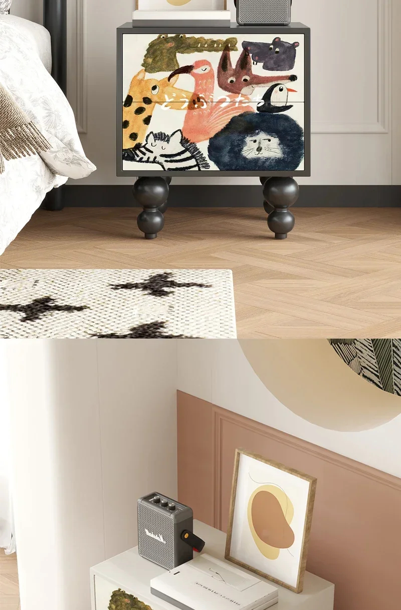 A French minimalist modern solid wood bedside table bedroom cute cartoon locker custom, wall drawer cabinet
