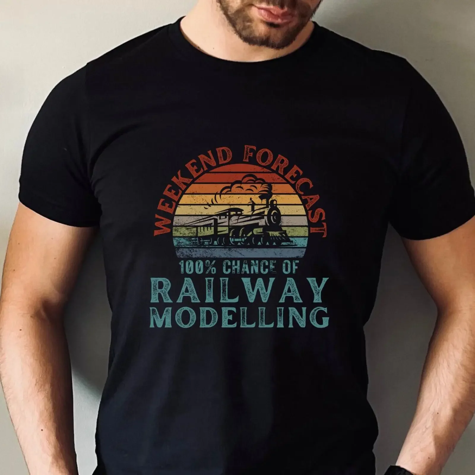 Men's Funny Train Fan Vintage Weekend Forecast 100 Chance of Railway Modelling Steam Crewneck T Shirt vintage Washed Slightly