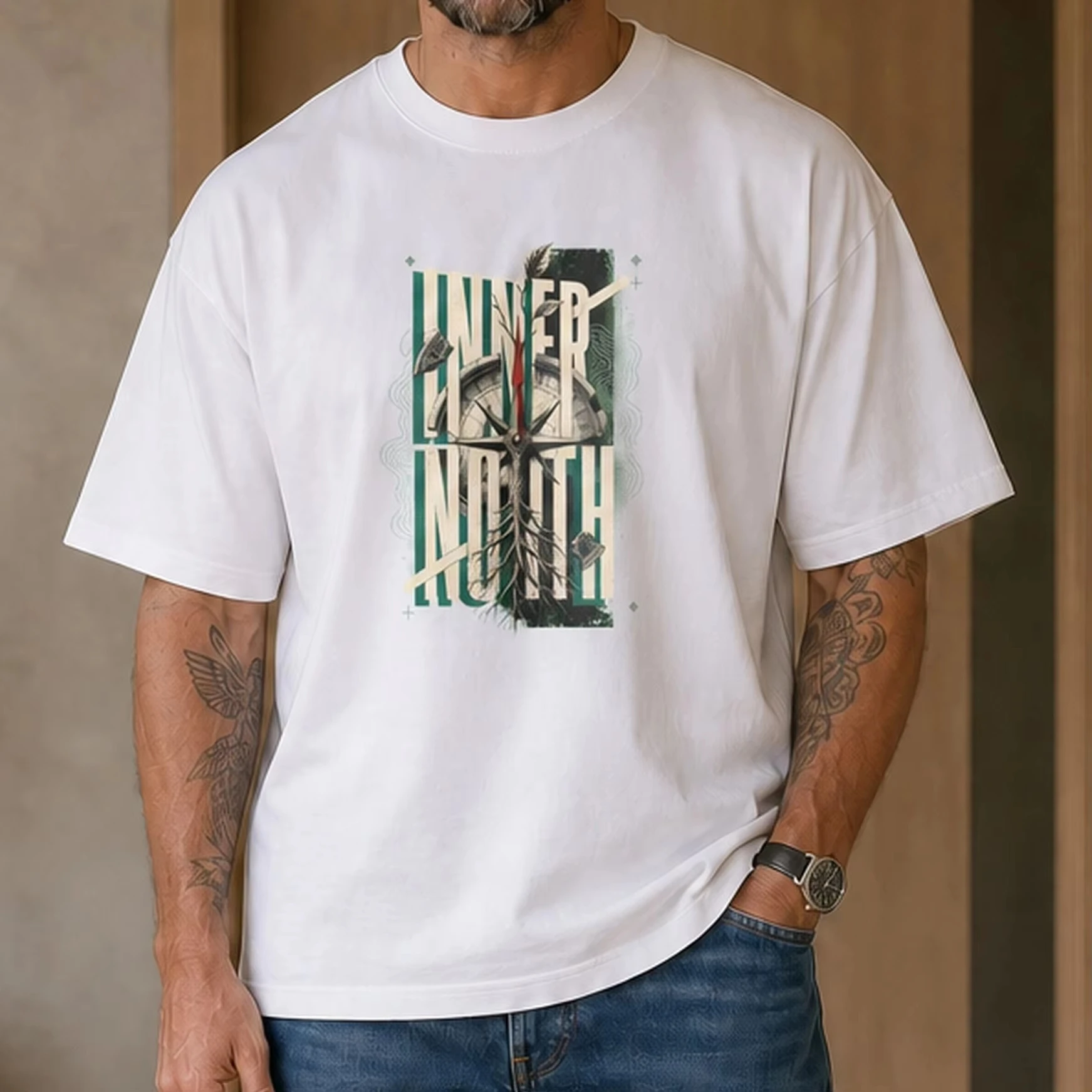 2026 Vintage Compass Nature Graphic T-shirt Men Oversized Outdoor Short Sleeve Tee