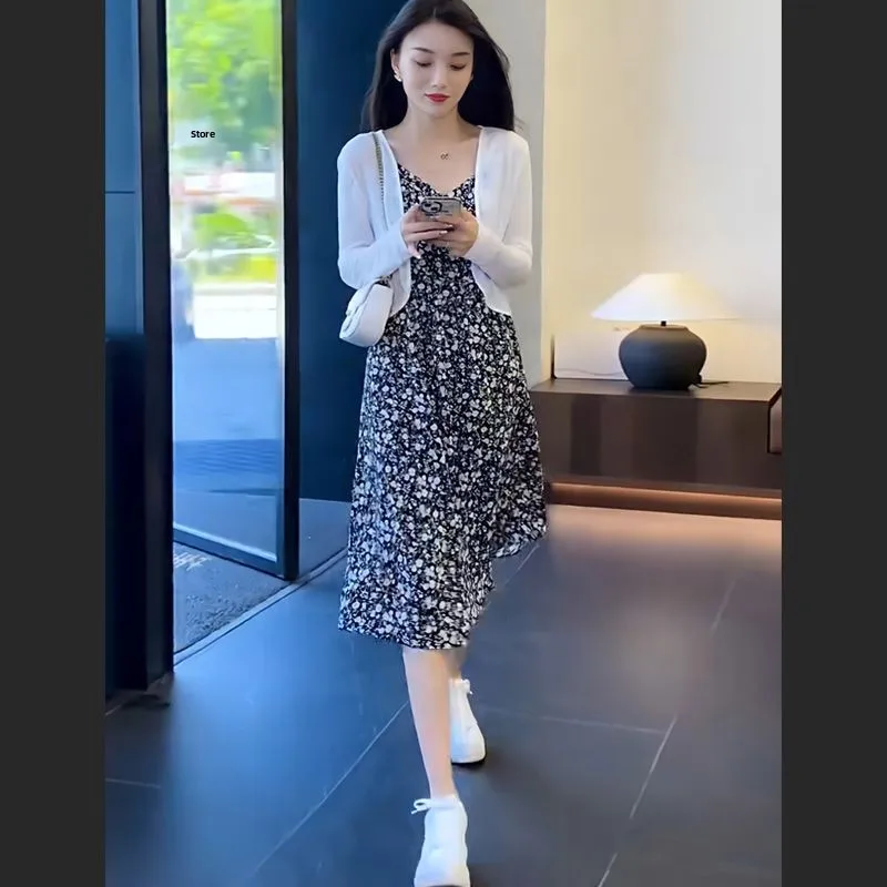Spring Summer Floral Print Long Sleeve Women's Dress Pest Cloth Apron Two-Piece Set Casual Sportswear Three-Piece Set